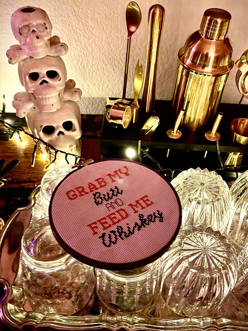 Handmade Cross-Stitch Drink Coaster - Festive Bar Decor